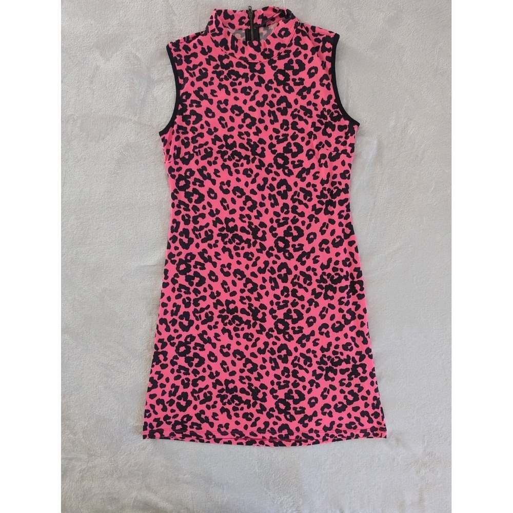 Fraiche by J Mini Dress Hot Pink Black Leopard Print Mock Neck Sz M Stretchy Y2K